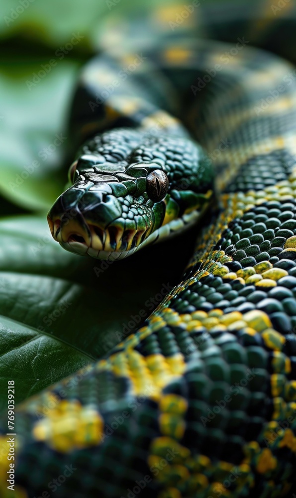 Poster a close up of a snake with its head on top of some leaves. generative ai.