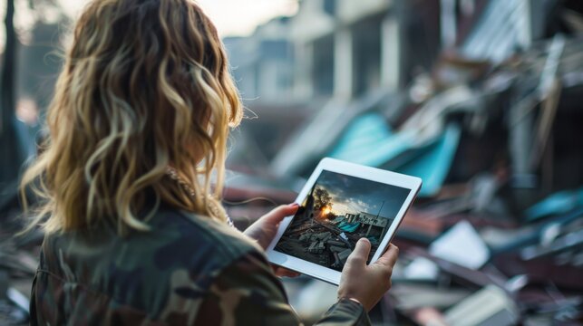 Woman Holding Tablet With Image of Destruction at Twilight