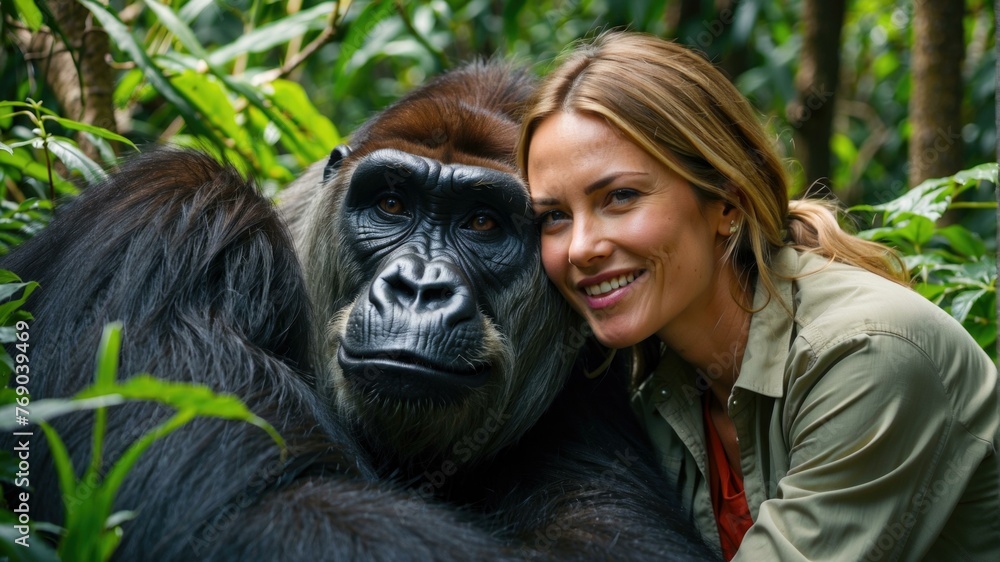 Poster a woman is smiling while posing with a gorilla in the jungle. generative ai.