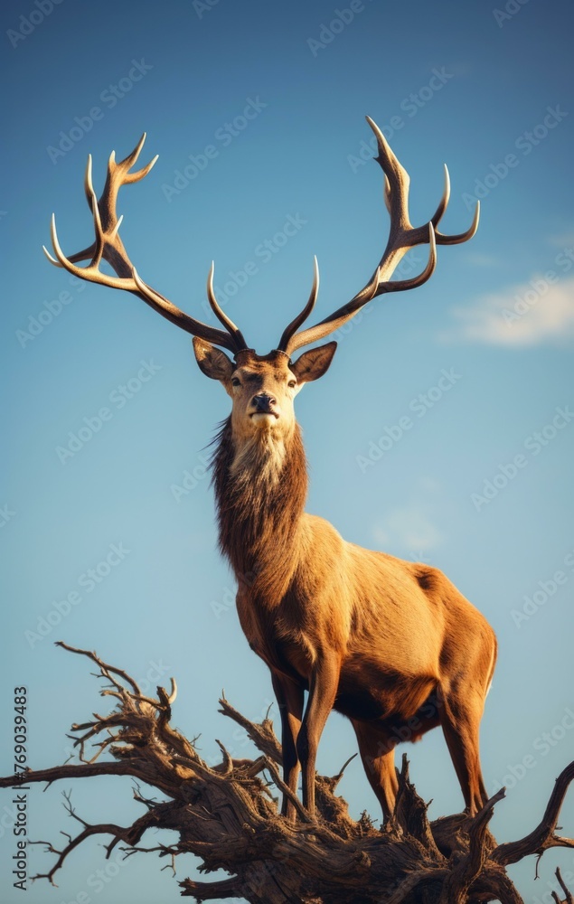 Poster a deer standing on top of a dead tree branch. generative ai.