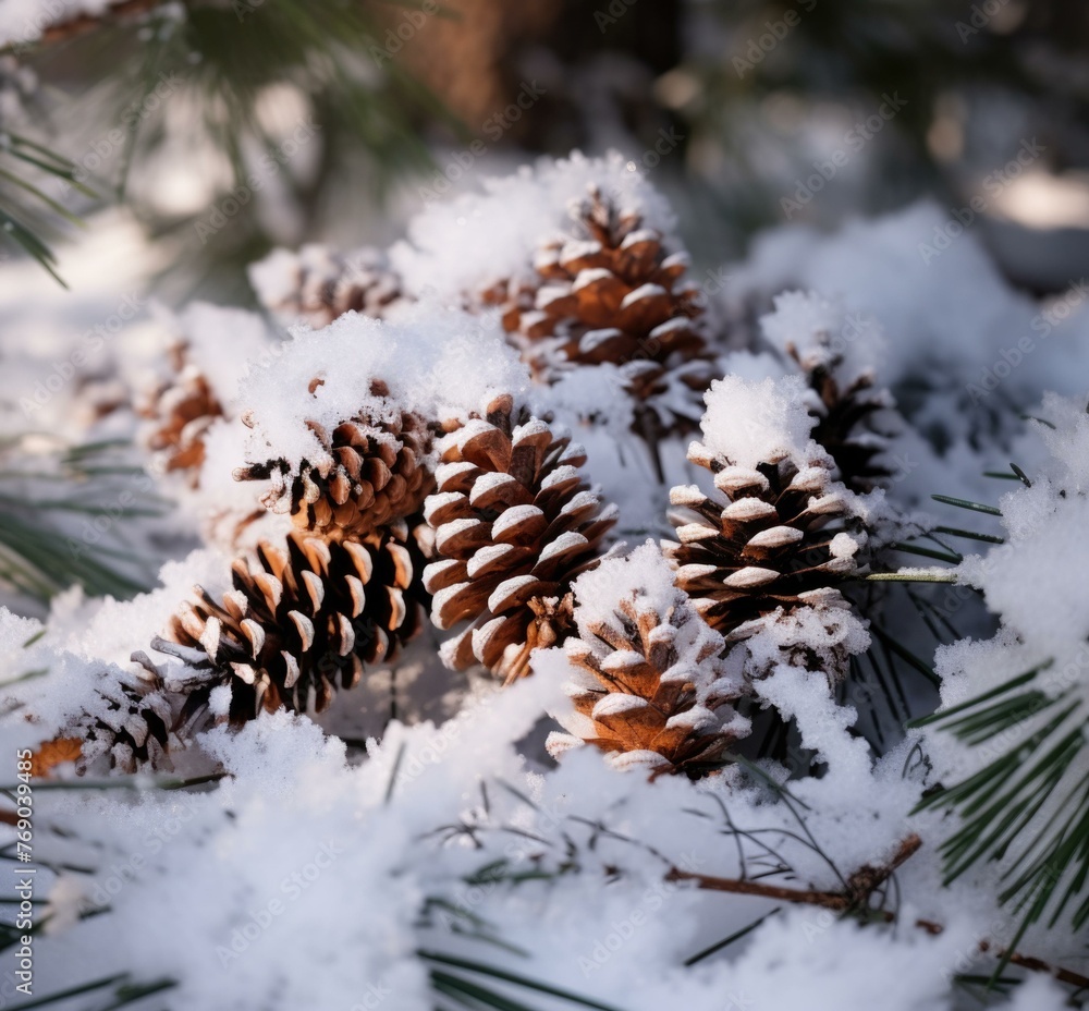Poster a bunch of pine cones are covered in snow on a tree. generative ai.