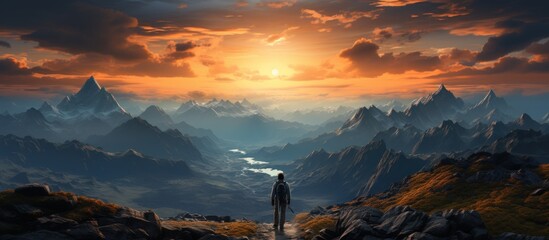 Hiker in the mountains at sunset. Panoramic view. - obrazy, fototapety, plakaty