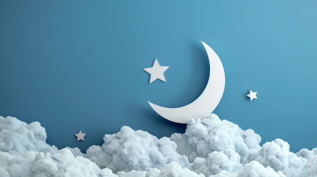 Stock photo illustration of a crescent moon and star in a paper art style, emerging from cotton-like clouds on a deep blue sky, designed for Ramadan greetings