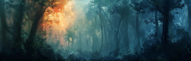 beautiful landscape with forest and sun illustrated 