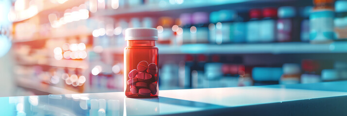 Pill bottle on drugstore counter, on left side close-up on blurred background. Generative AI