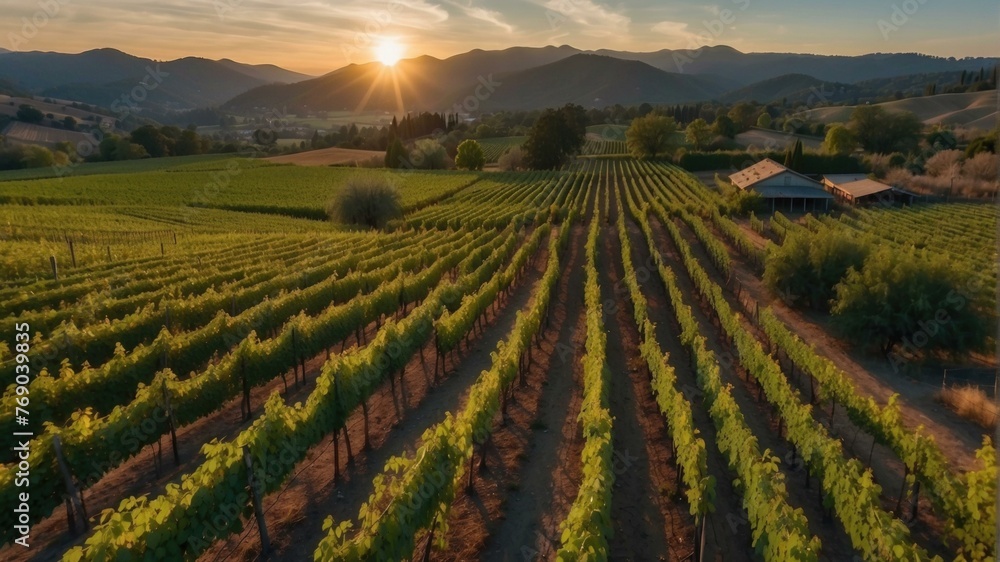 Poster a vineyard with a sun setting over it. generative ai.