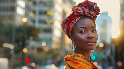 Photo of a young African woman in a modern city setting, blending traditional and contemporary styles, with the cityscape blurred behind, natural daylight - obrazy, fototapety, plakaty