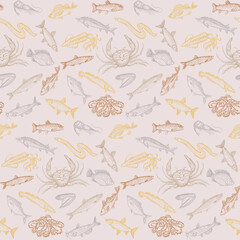 Fish and seafood hand drawn graphic pattern - 769039889
