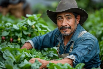 An upbeat farmer with a hat is captured intimately as he tends to healthy garden crops and smiles at the camera