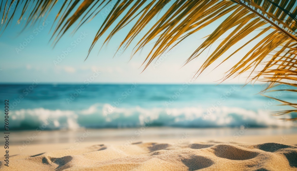 Poster A beach with waves and palm tree in the background. Generative AI.