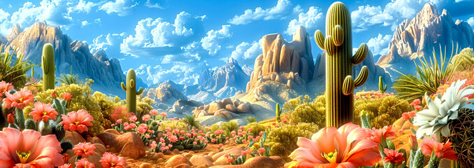 Panoramic Desert Cactus Landscape against a backdrop of towering mountains under a clear blue sky. - obrazy, fototapety, plakaty