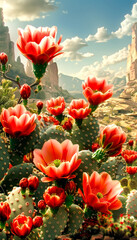 Blooming Cacti with large pink flowers in Mystical Canyon.