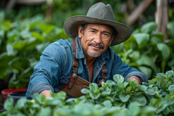 Smiling gardener wearing a cowboy hat, proudly working with lush green plants in a greenhouse