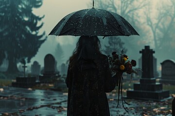 A woman holds a bouquet of flowers under an umbrella at a cemetery.