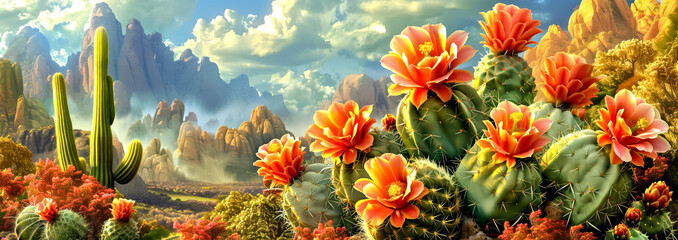 Panoramic Desert Cactus Landscape against a backdrop of towering mountains under a clear blue sky.