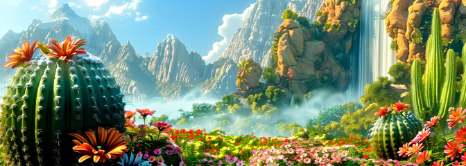 Panorama of a lush cactus valley nestled among towering mystical mountains, with a waterfall cascading in the background