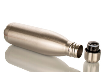 One metal water bottle with vacuum insulation, macro, isolated on white background.