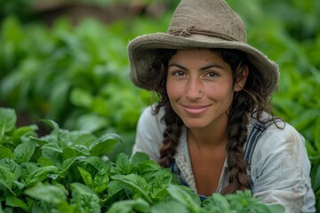 A smiling young woman with a sunhat surrounded by vibrant green vegetation in a garden setting