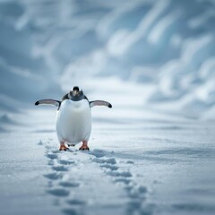 Obraz premium A penguin walking on snow covered ground with a smile. Generative AI.