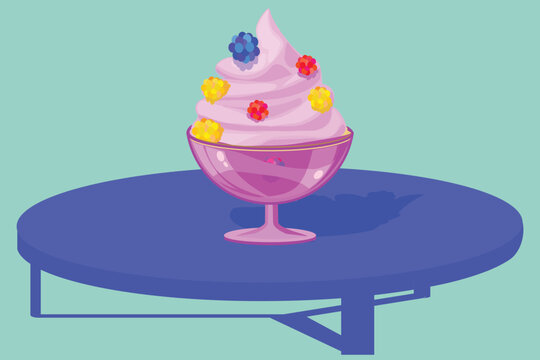 frozen yogurt in a glass pot, clear glass, cherry ice cream, oil paint style, digital paint, on a white background. Healthy food, everyday food, hand 