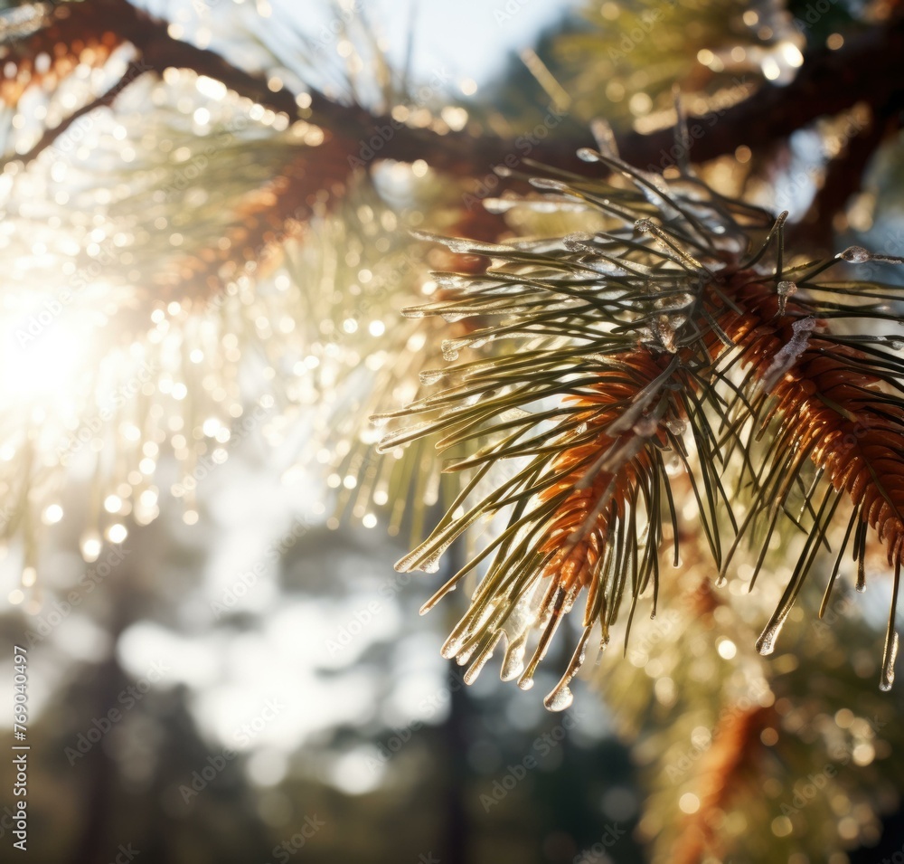 Poster a close up of a pine tree with ice crystals on it. generative ai.