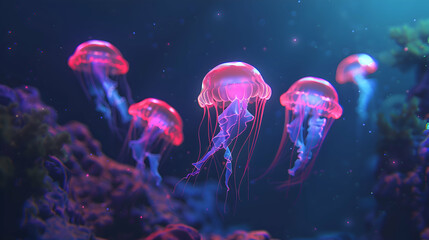 Luminescent jellyfish drifting serenely in the dark depths - obrazy, fototapety, plakaty