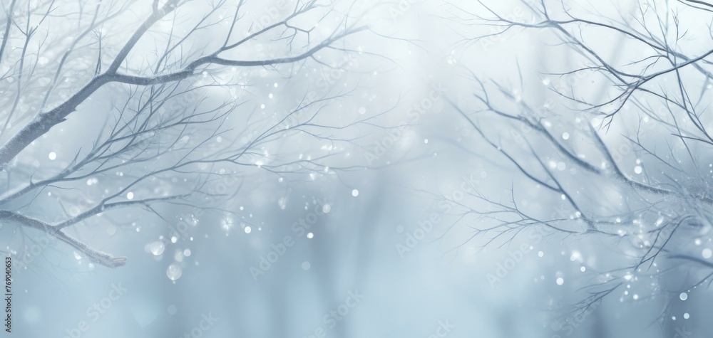 Poster a snowy scene with trees and snow falling from the sky. generative ai.