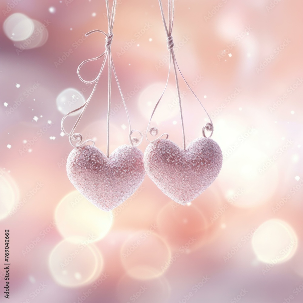 Poster two hearts hanging from strings on a pink background. generative ai.