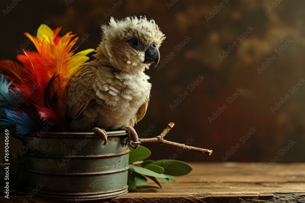 Aufkleber a bird sitting in a bucket with feathers on top of it. generative ai.