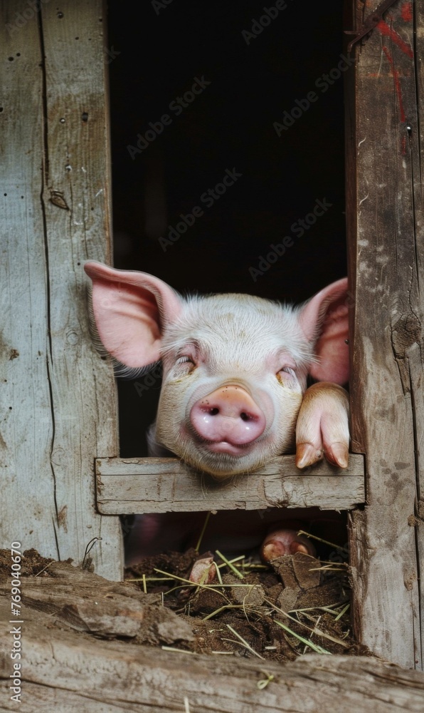 Poster a pig with its head sticking out of a window in the barn. generative ai.
