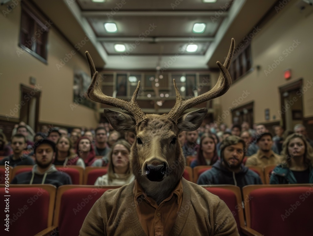 Poster A man with a deer head in front of an audience. Generative AI.