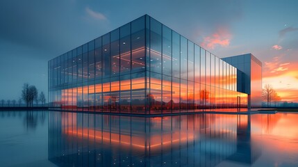 image of a modern office building, with sleek glass  geometric architecture, and dynamic lighting,...