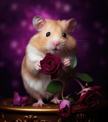 A hamster holding a rose in its mouth on top of something. Generative AI.