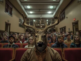 A man with a deer head in front of an audience. Generative AI.