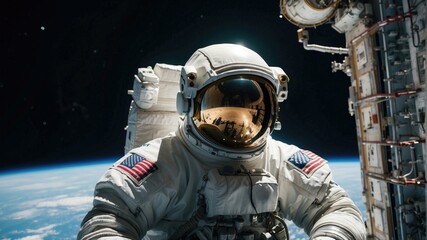 A man in an astronaut suit standing on the outside of a spacecraft. Generative AI.