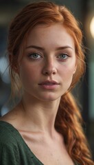 Fototapeta premium A woman with red hair wearing a green shirt, seriously looking into the camera