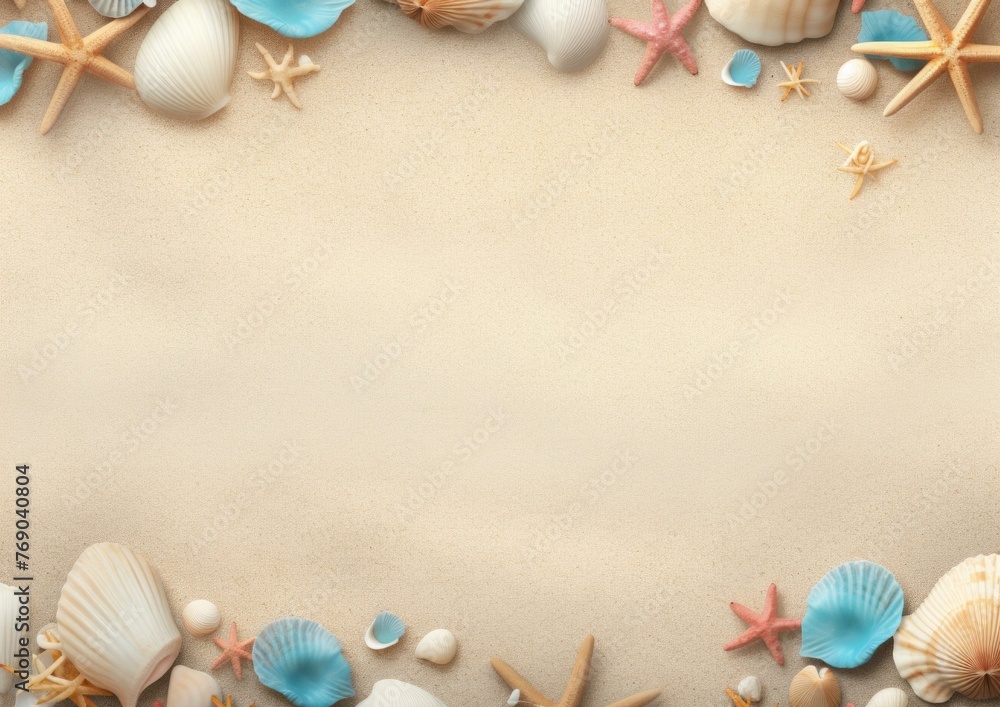 Poster a beach background with shells and starfish on sand. generative ai.