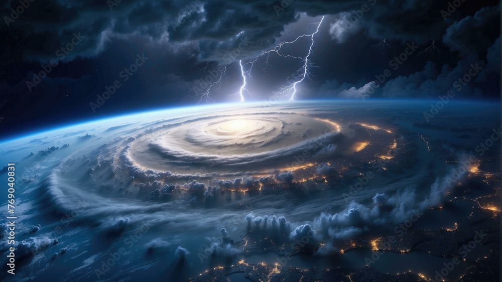 Poster a large spiral shaped planet with lightning in the sky. generative ai.