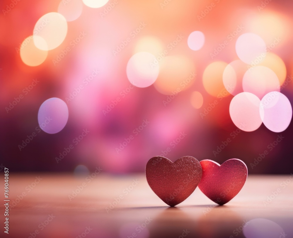 Poster two hearts are sitting on top of a table with blurry lights in the background. generative ai.