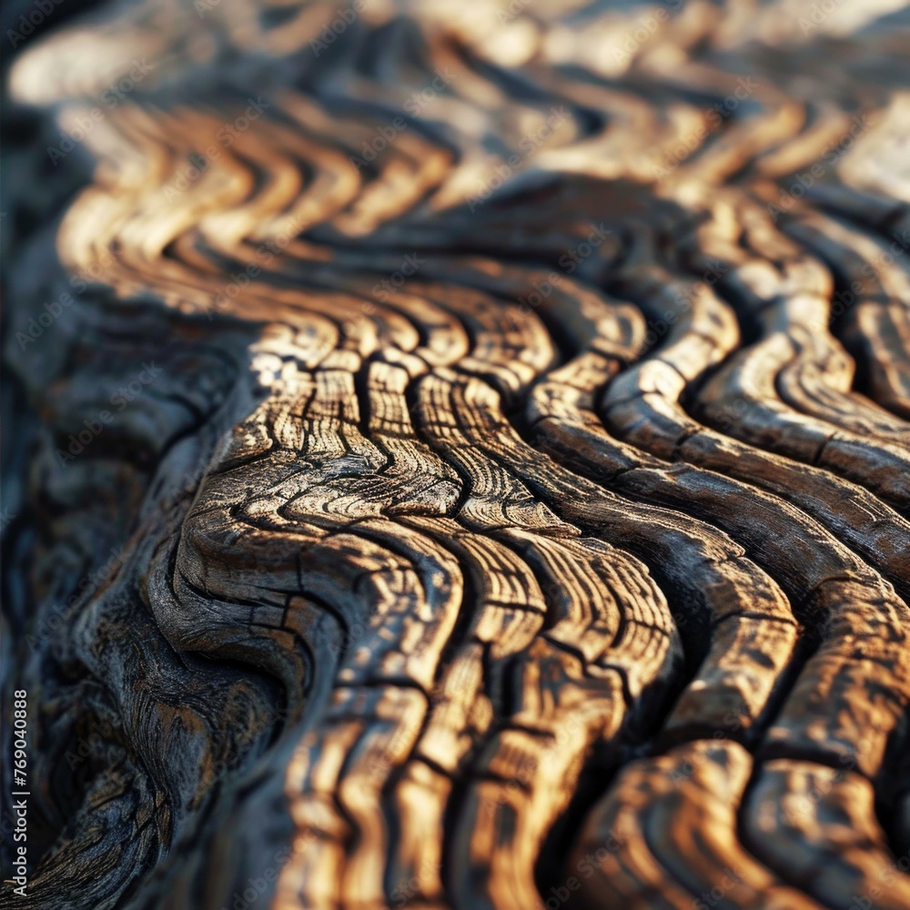 Poster a close up of a tree trunk with wavy lines on it. generative ai.
