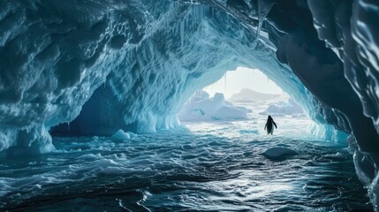 A person walking through an ice cave in the middle of a body of water. Generative AI.