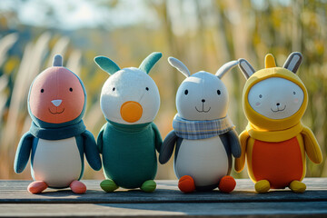 five different stuffed animal puppets each with a different colored body part, in the style of lively action poses