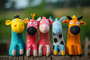 five different stuffed animal puppets each with a different colored body part, in the style of lively action poses