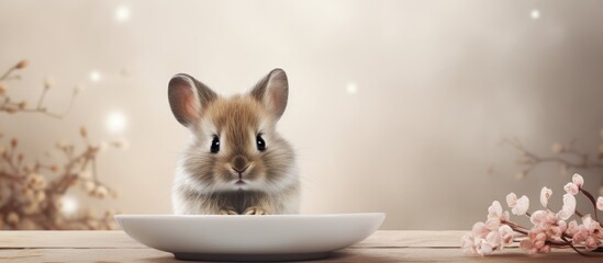 A small rodent with whiskers and a tail, resembling a fawn, sits on a white plate on a wooden table. It is not a rat, but a terrestrial animal, possibly a member of the Felidae family
