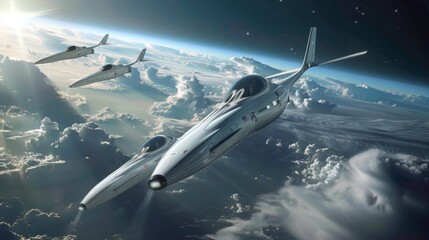 Fighter Jets Flying Over the Earth - obrazy, fototapety, plakaty
