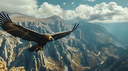 Magnificent condor soaring high above rugged mountain peaks
