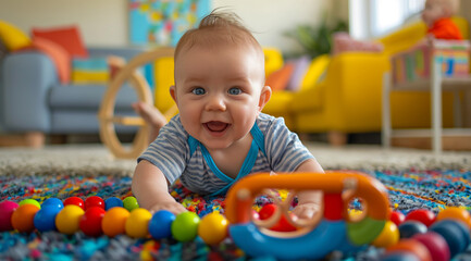 Baby plays with a wooden toy on a carpet, in the style of steel/iron frame construction, vibrant color scheme