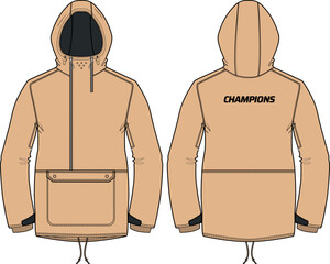 Hoodie board jacket design flat sketch Illustration, Hooded anorak ski jacket with front and back view, hooded winter jacket for Men and women. for training, skiing, Running and workout in winter © JERZEY DESINZ