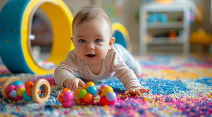 Baby plays with a wooden toy on a carpet, in the style of steel/iron frame construction, vibrant color scheme, light yellow and blue, curved mirrors