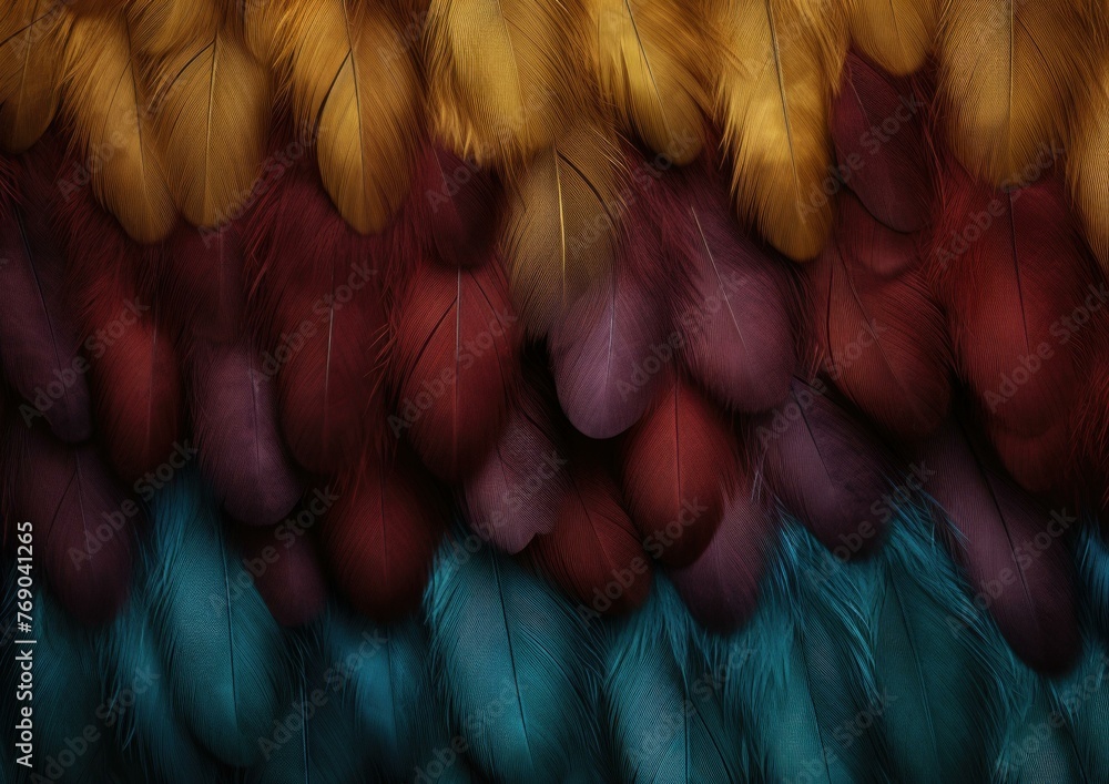 Poster a close up of a bunch of feathers that are all different colors. generative ai.